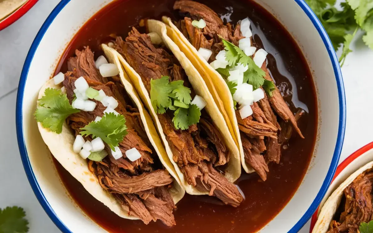 Birria tacos dipped in consomé
