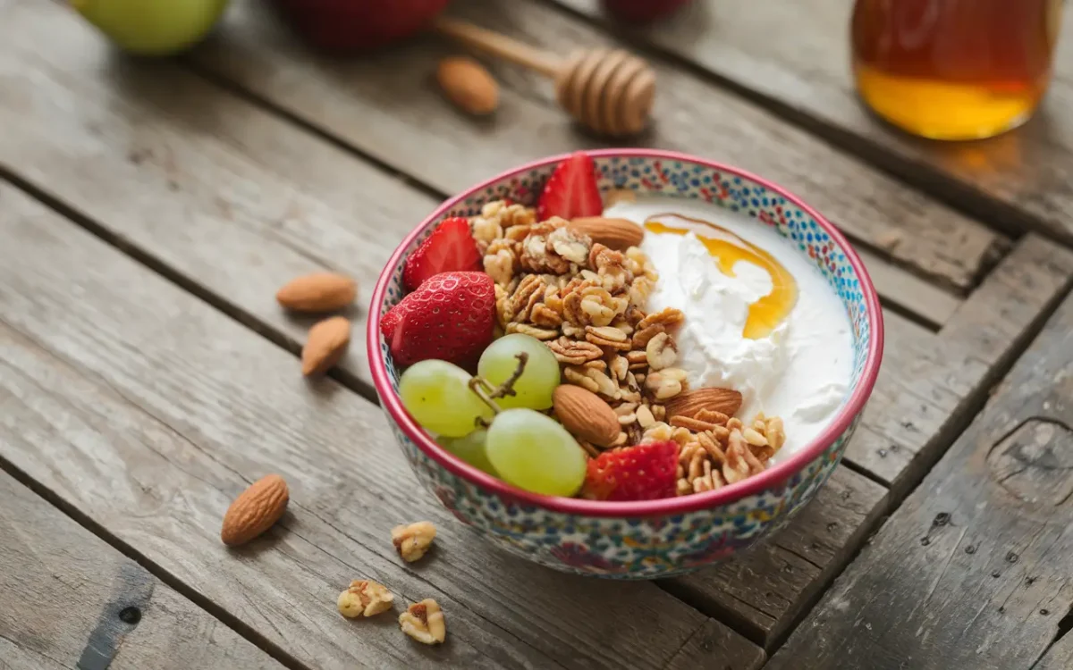 Cottage cheese bowl with fruits and nuts