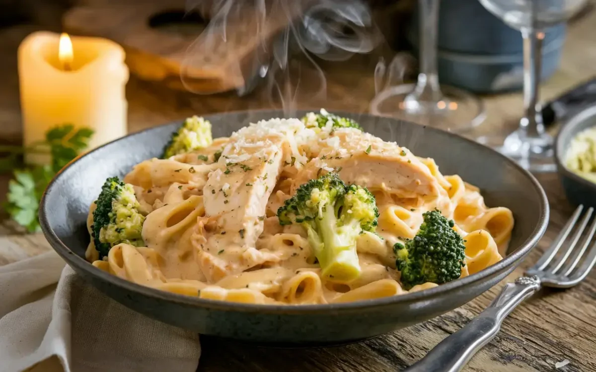 Creamy chicken and broccoli fettuccine alfredo on a wooden table