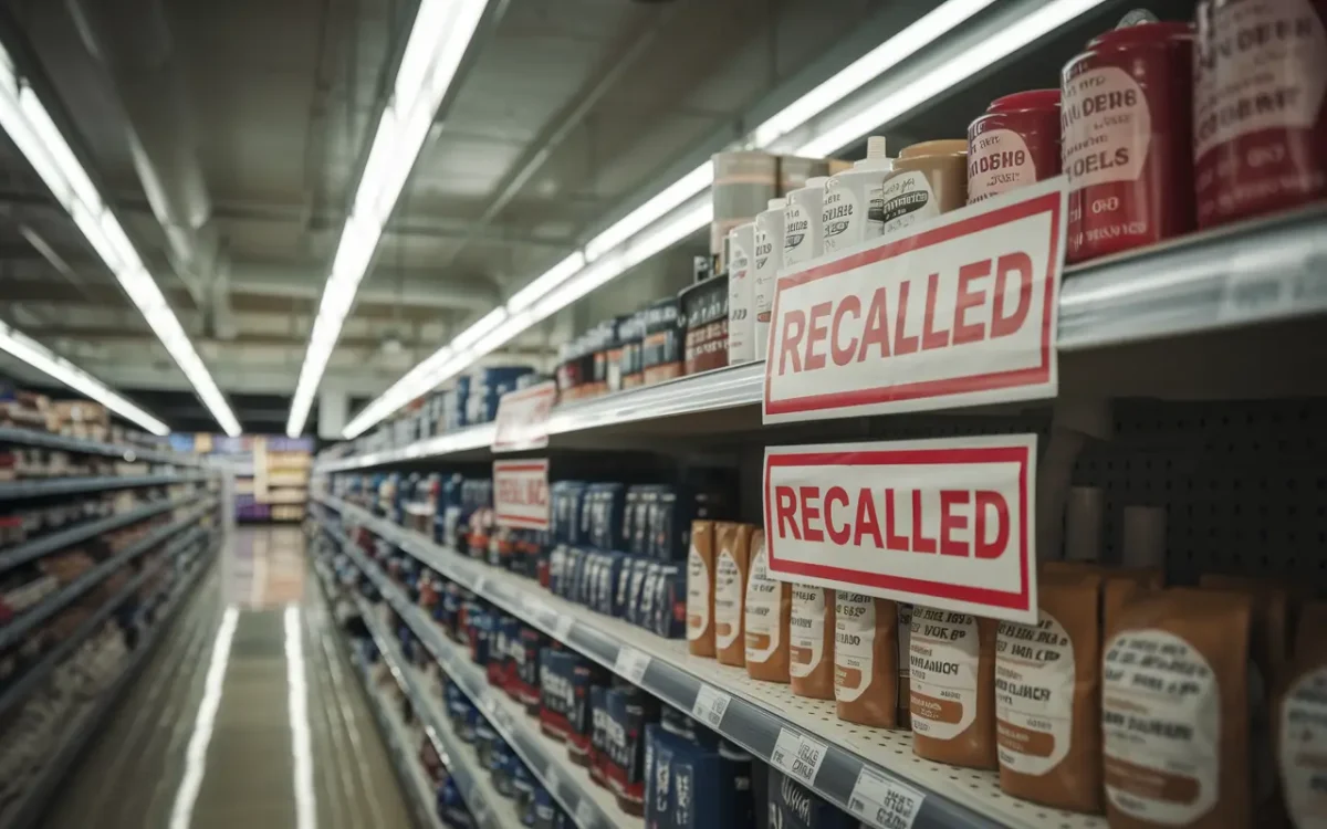 Supermarket coffee shelf with recall signs