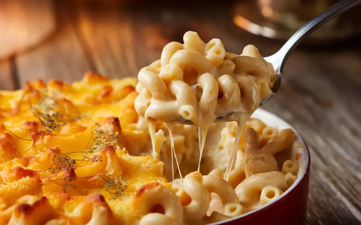 Close-up of creamy cheesy baked mac and cheese