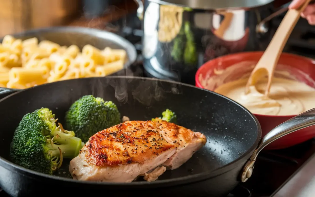 Cooking process for chicken and broccoli fettuccine alfredo