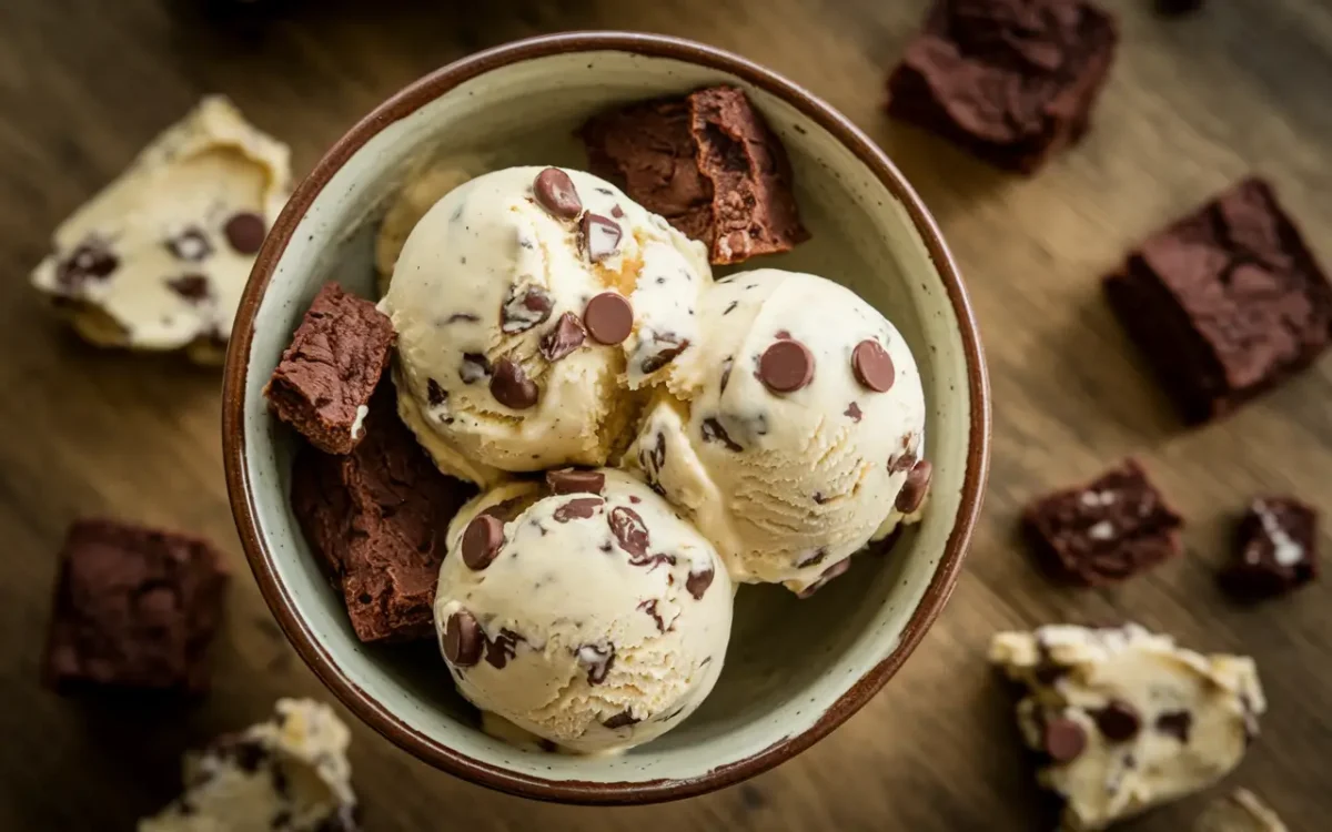 Homemade Half Baked ice cream with brownies and cookie dough