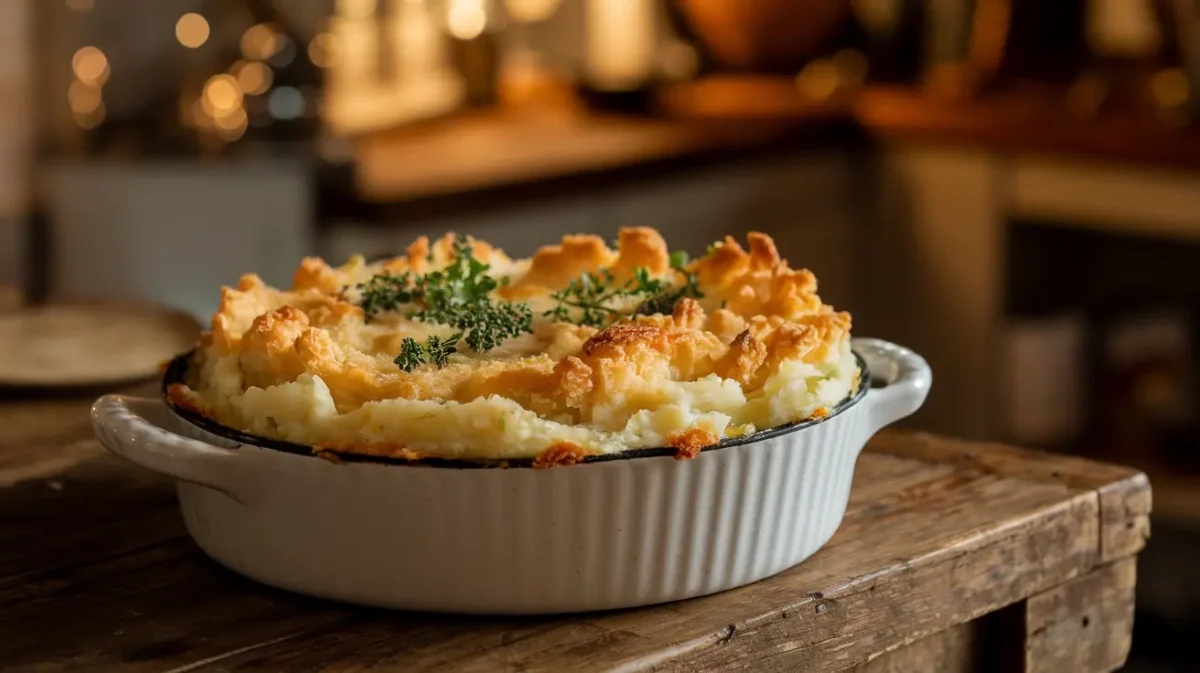 Golden-baked cottage pie with crispy mashed potato topping