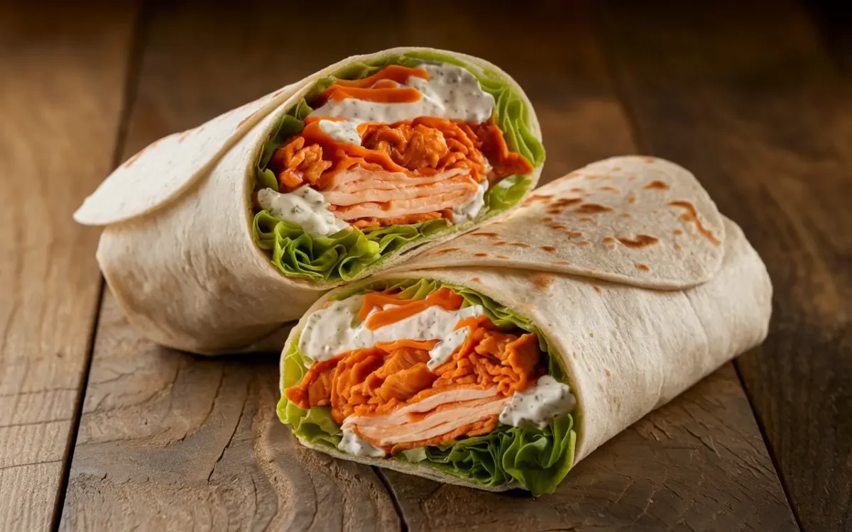 Buffalo chicken wrap sliced showing filling