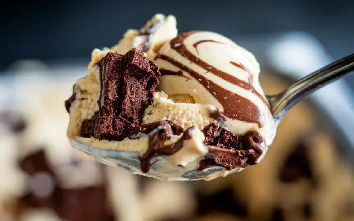 Spoonful of Half Baked ice cream with brownies and cookie dough