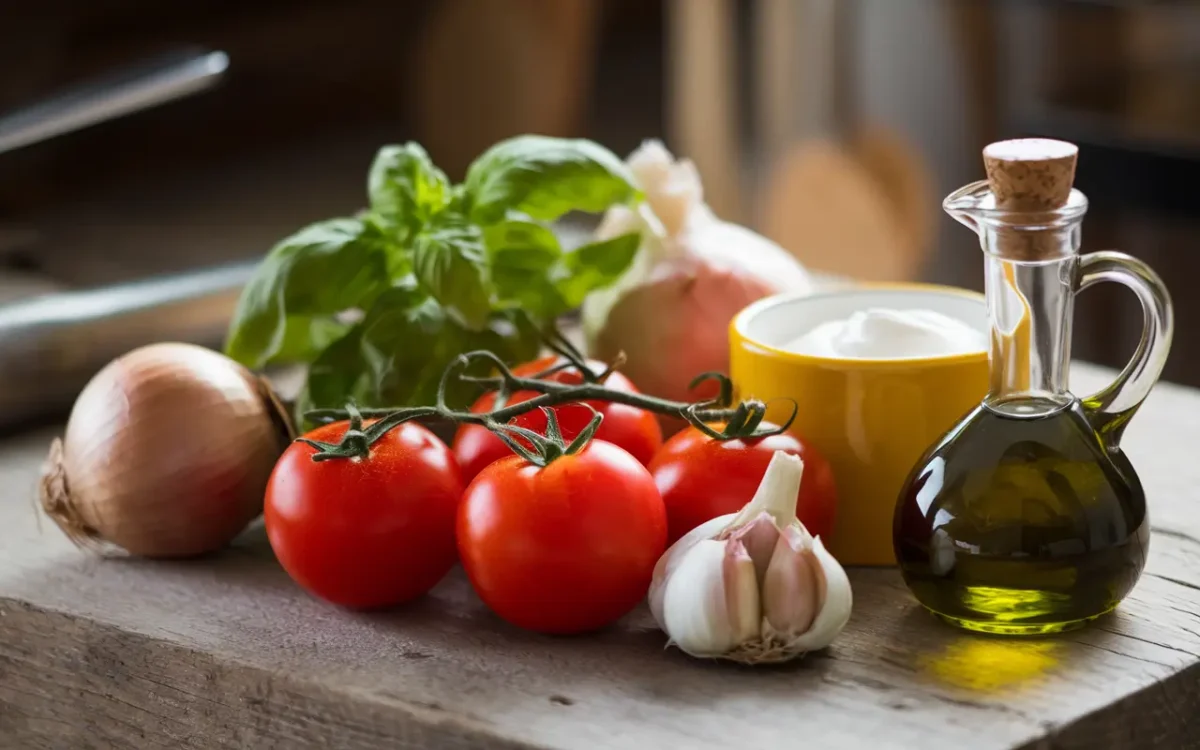 Ingredients for tomato basil bisque on wooden table