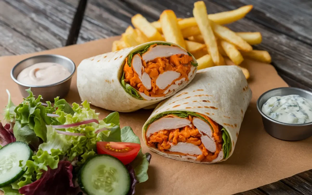 Buffalo chicken wrap with fries and dipping sauces