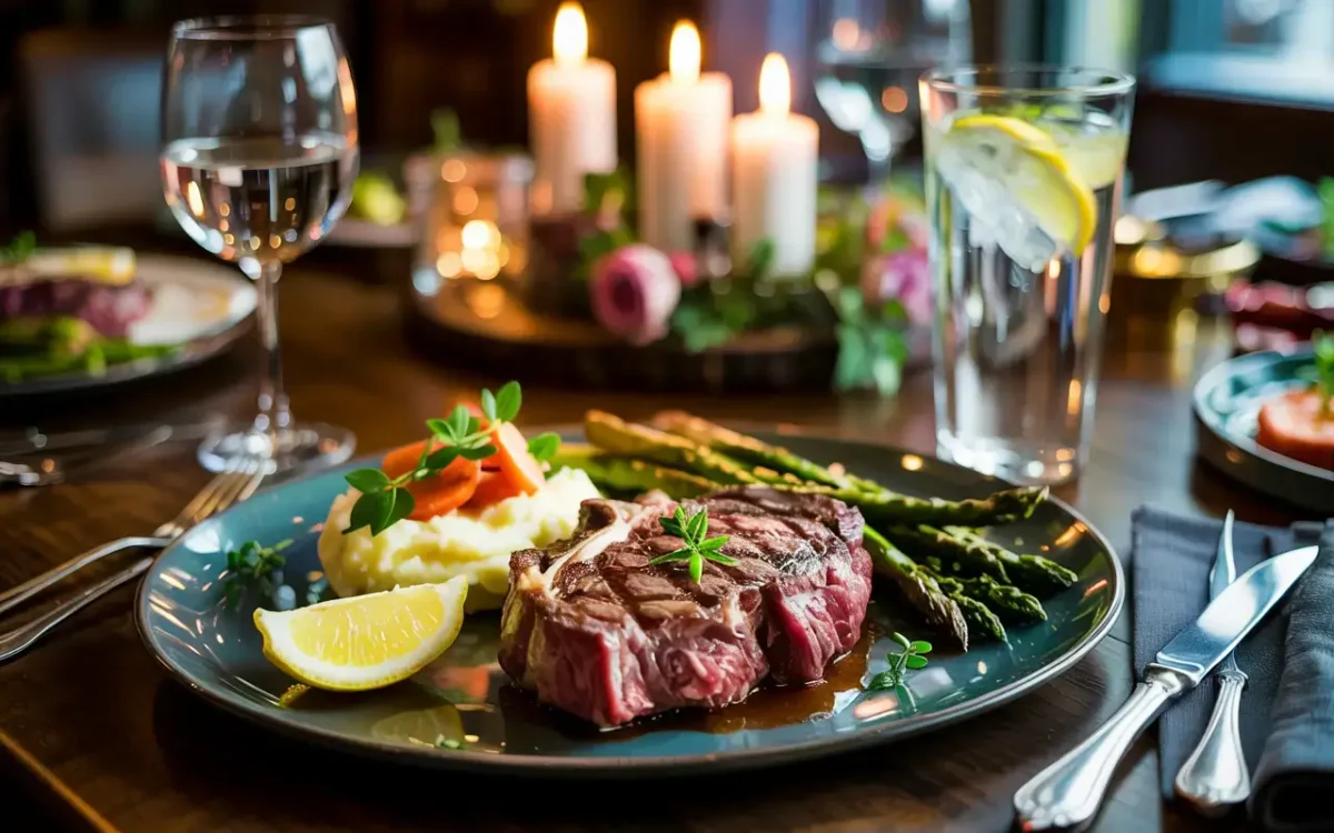 Prime ribeye served with wine and sides