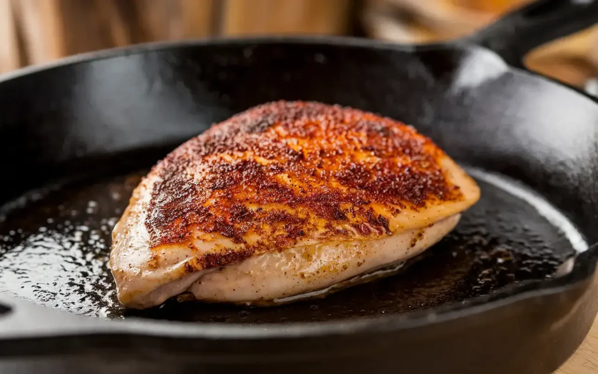 Chicken being blackened in cast iron skillet