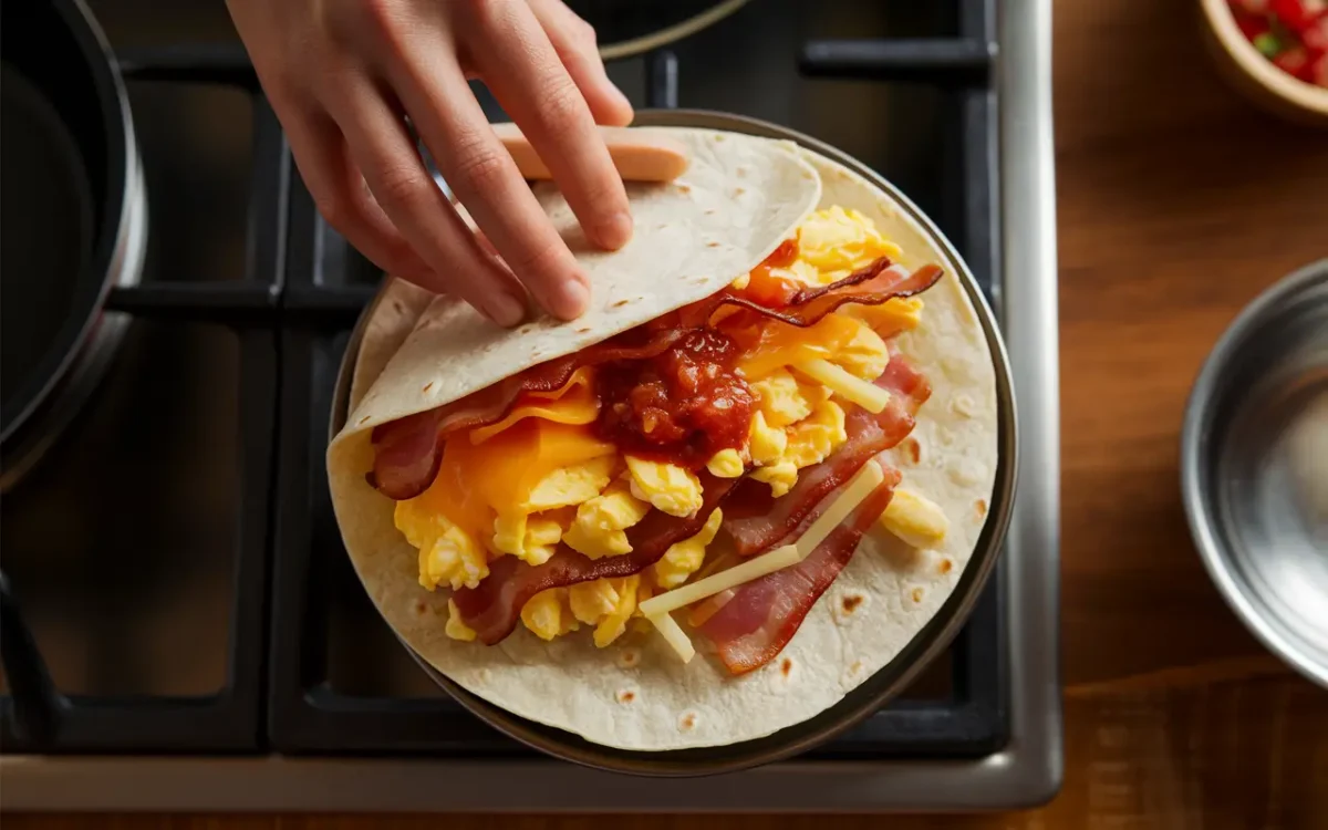 Assembling a Qdoba breakfast burrito with fresh toppings