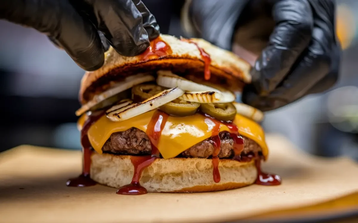 Assembling a BBQ burger with toppings