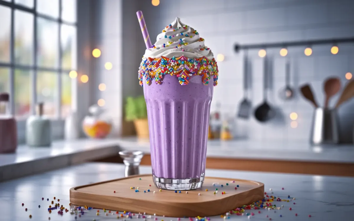 Purple Grimace Shake recipe with whipped cream and sprinkles