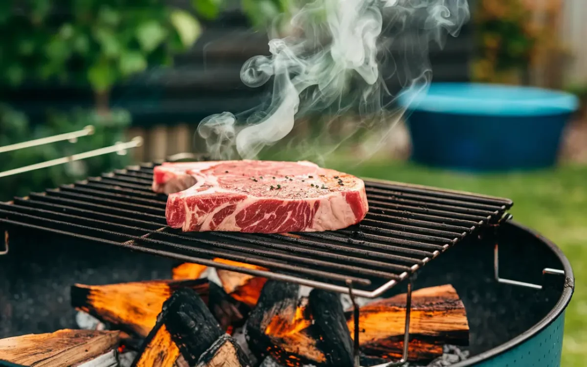 Flank steak smoking on a grill