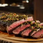 Sliced smoked flank steak with chimichurri
