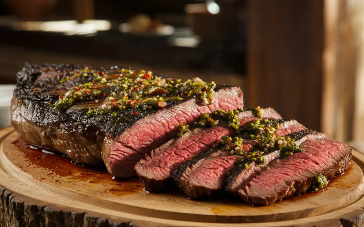 Sliced smoked flank steak with chimichurri