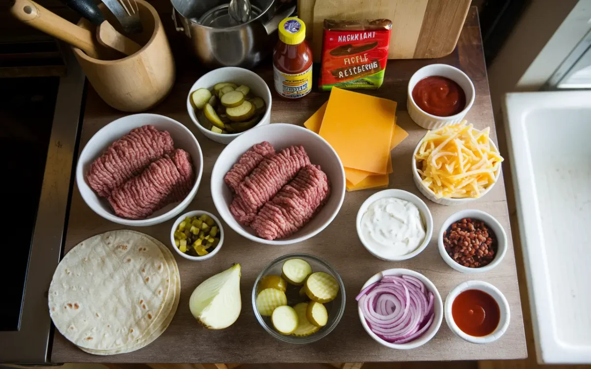 Ingredients needed for smash burger tacos recipe