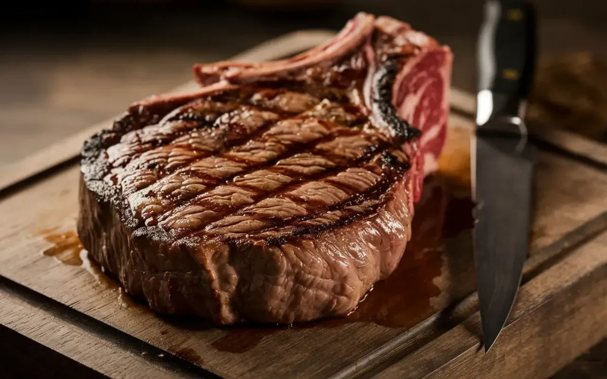 Grilled prime ribeye steak on wooden board