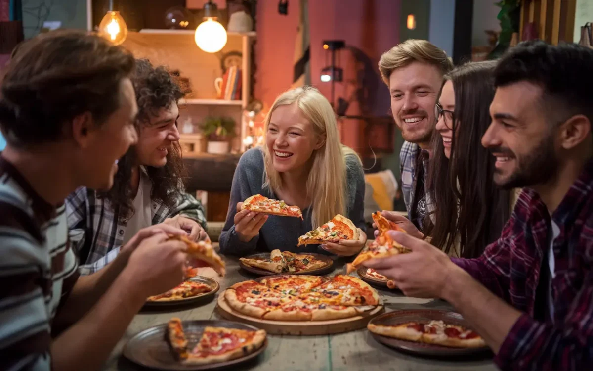Friends sharing Wholly Pizza