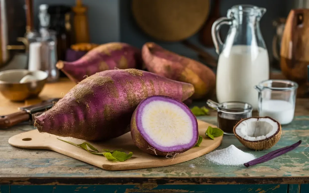 Ube root and ingredients on a table