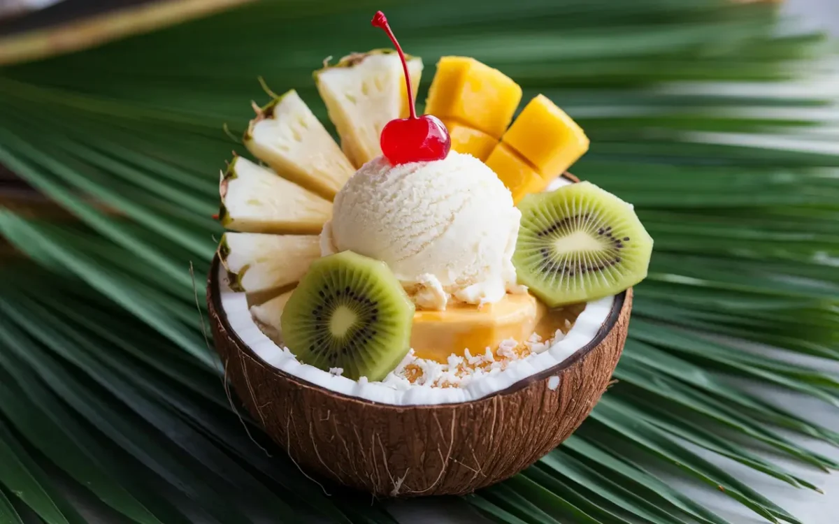 Ube coconut ice cream in a coconut bowl