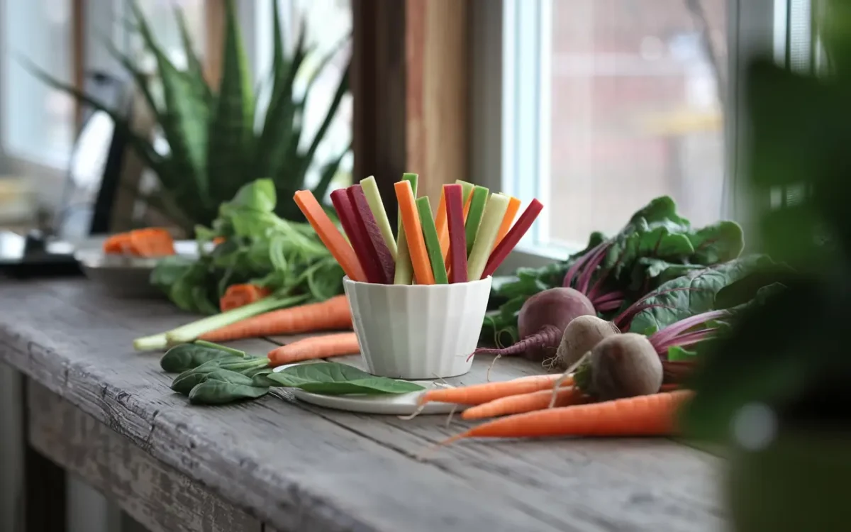 Colorful bowl of veggie sticks with fresh vegetables
