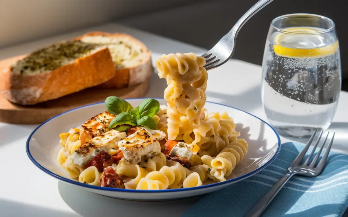 Served baked feta pasta with garlic bread