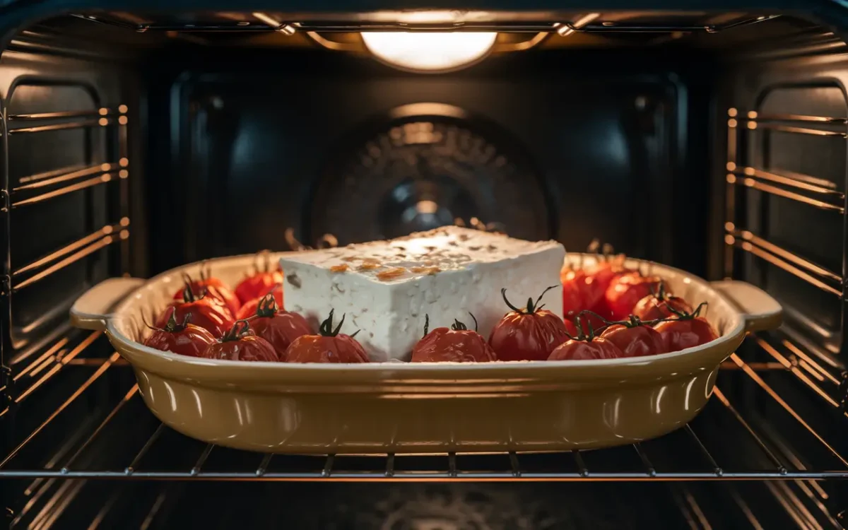 Feta and cherry tomatoes roasting in oven