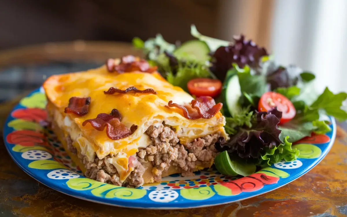 Keto cheeseburger casserole served with side salad