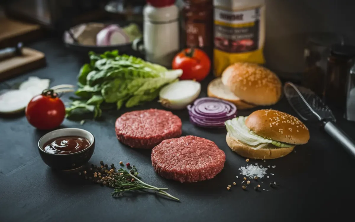 BBQ burger ingredients flat lay
