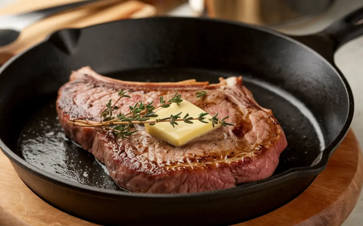 Pan-searing skirt steak with garlic and thyme