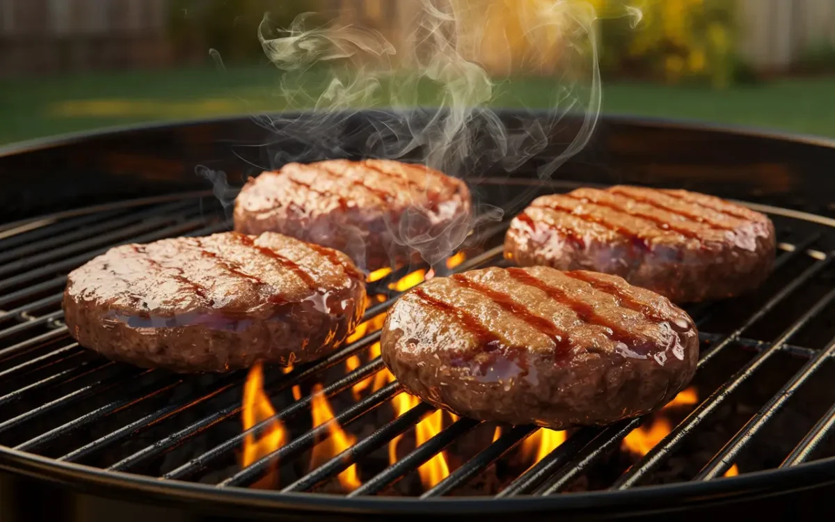 Burger patties grilling with BBQ sauce