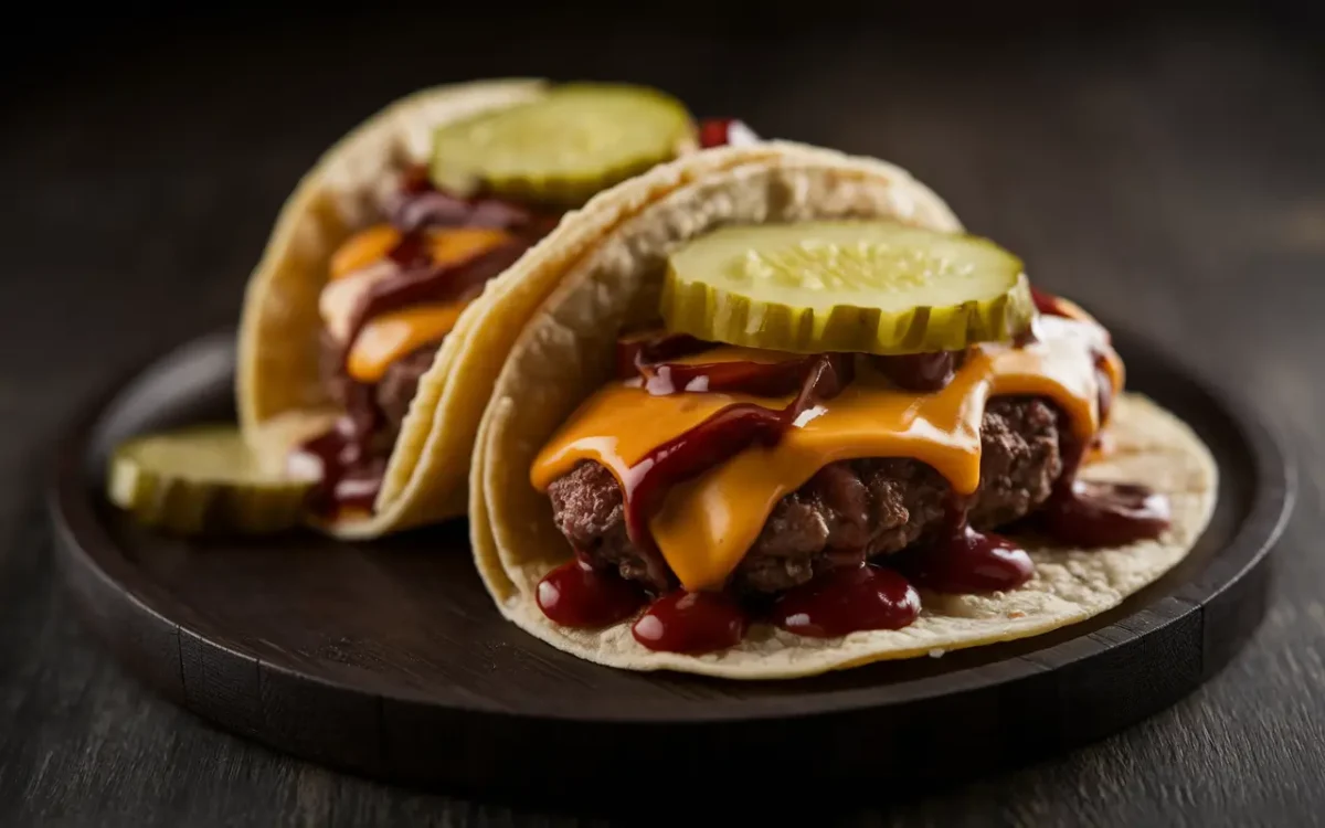 Smash burger tacos with cheese and pickles on a plate