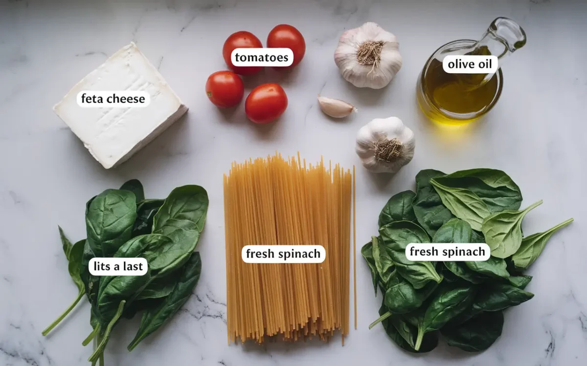Ingredients for baked feta pasta flatlay
