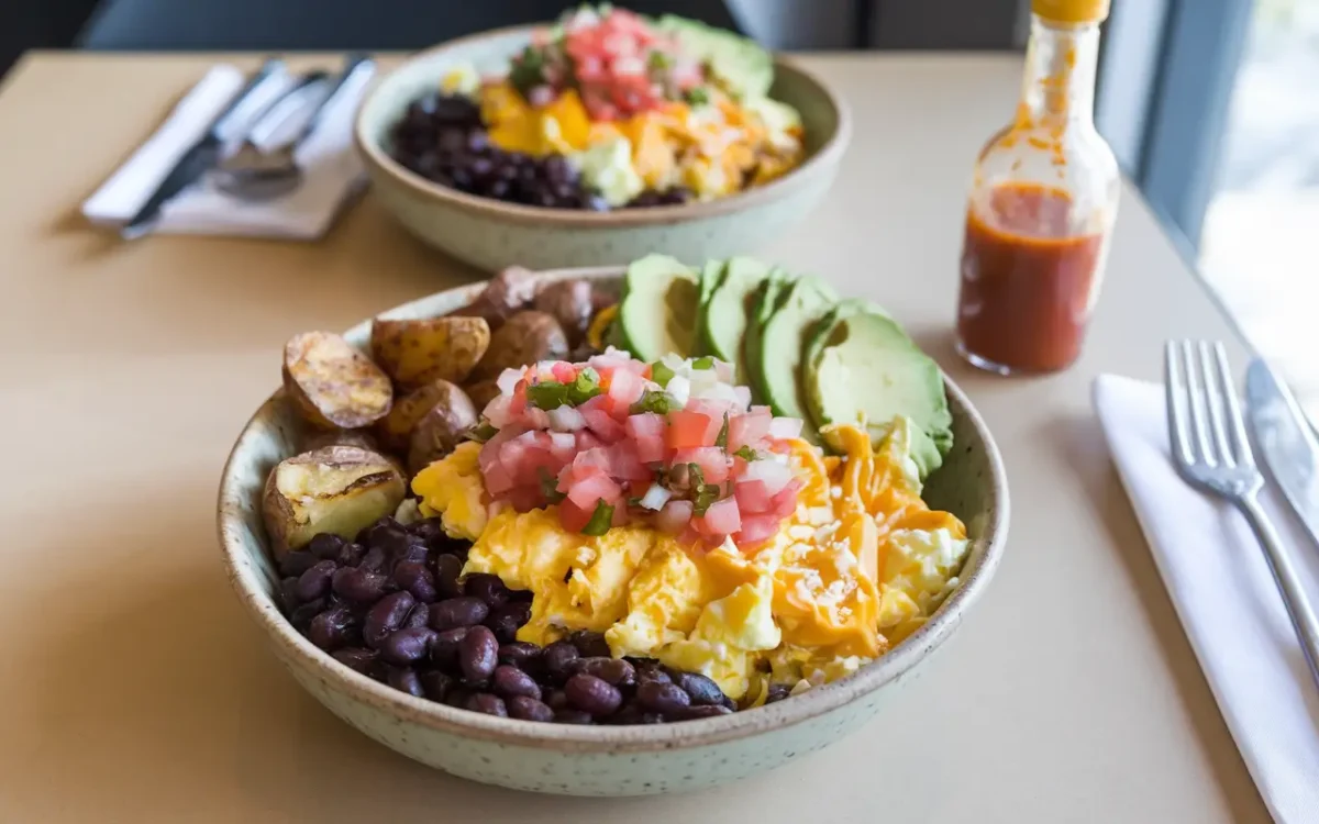 Qdoba breakfast bowl with eggs, beans, and salsa