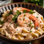 Cajun Shrimp Alfredo served in a rustic bowl