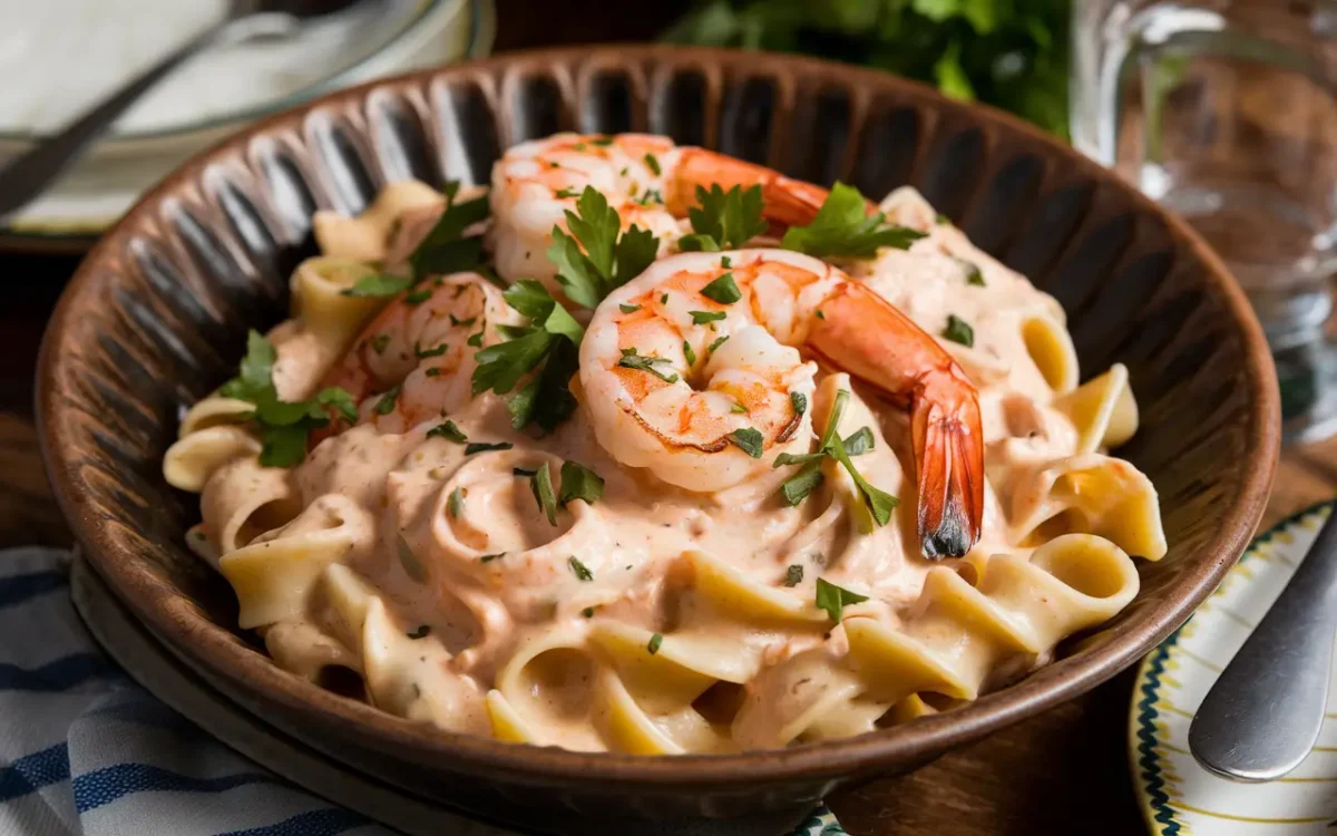 Cajun Shrimp Alfredo served in a rustic bowl