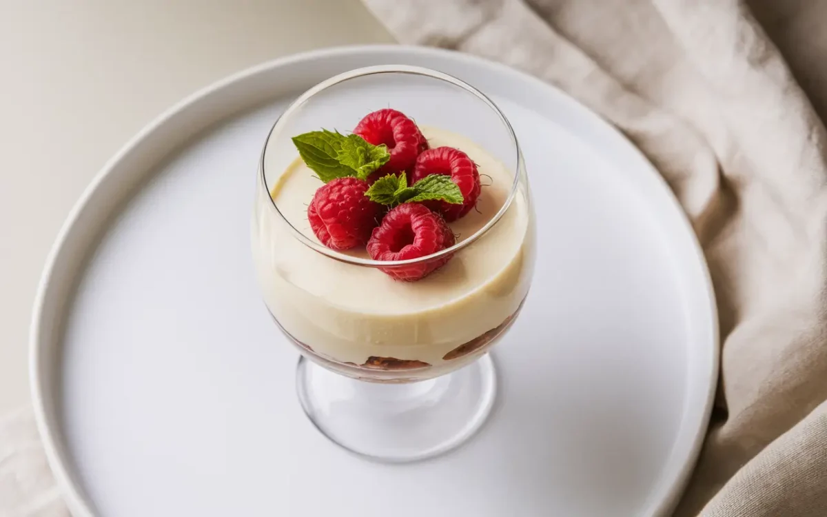 White chocolate mousse in glass with raspberries