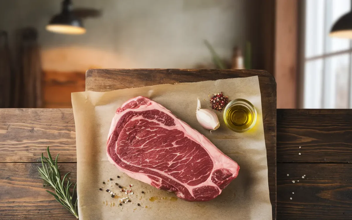 Raw flank steak with marbling and spices