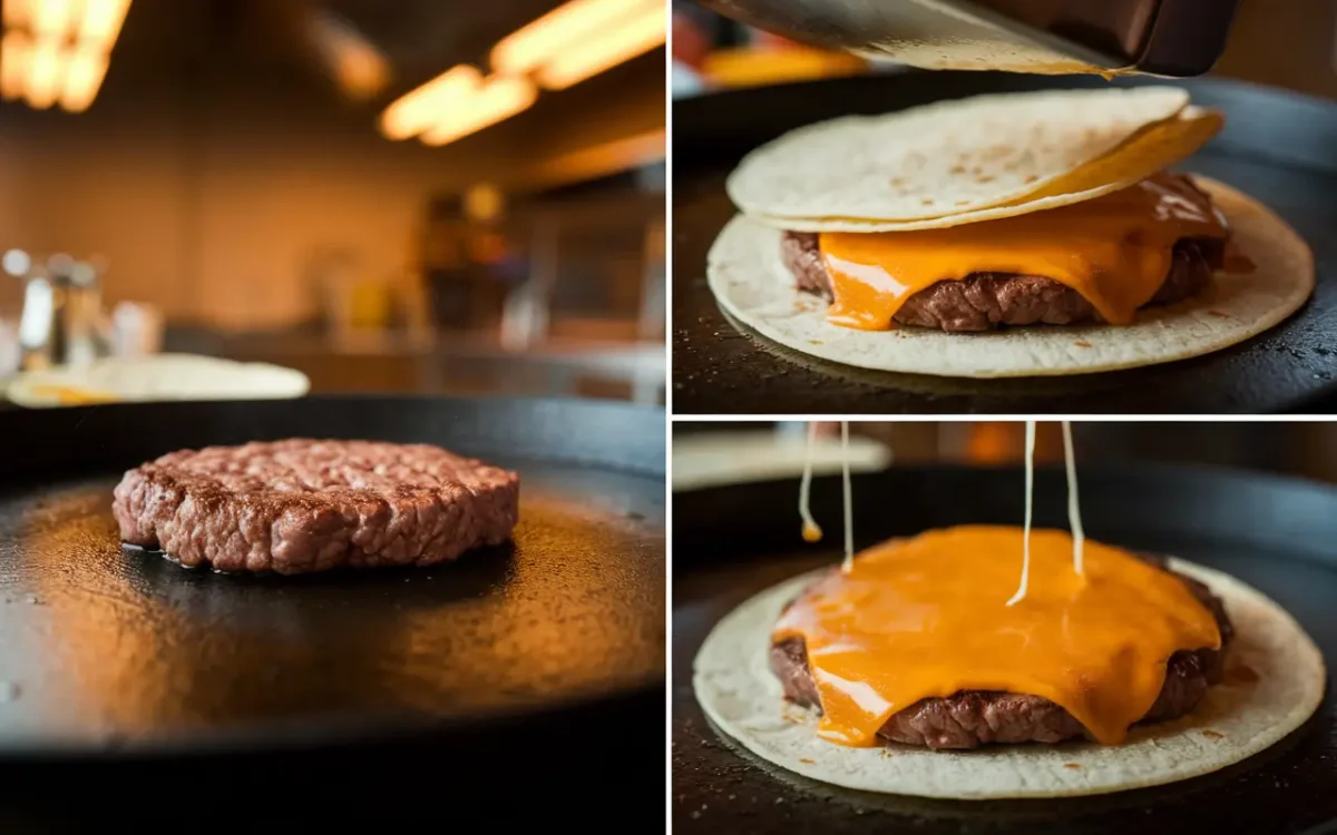 Cooking smash burger tacos on griddle step by step