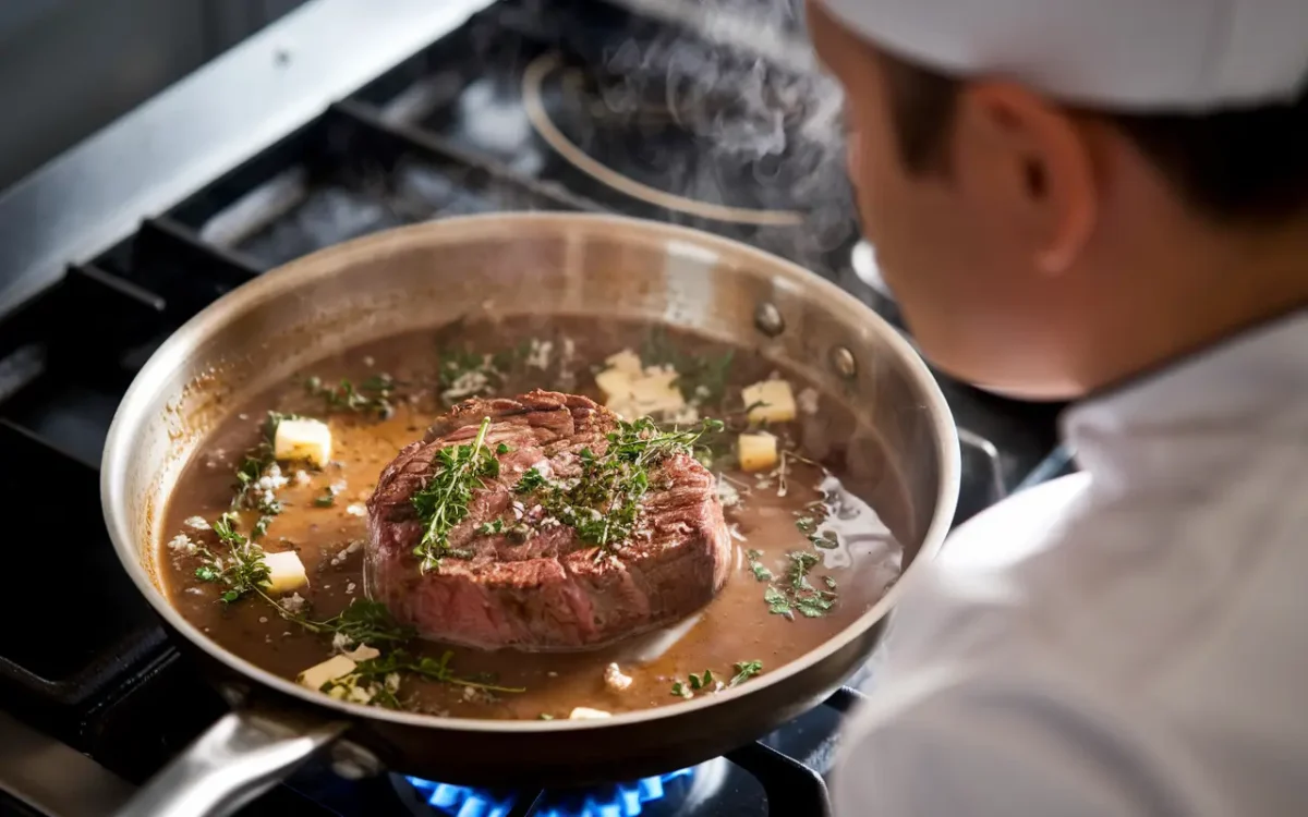 Chef making filet mignon sauce in a pan
