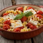 Baked feta pasta fresh from the oven with tomatoes