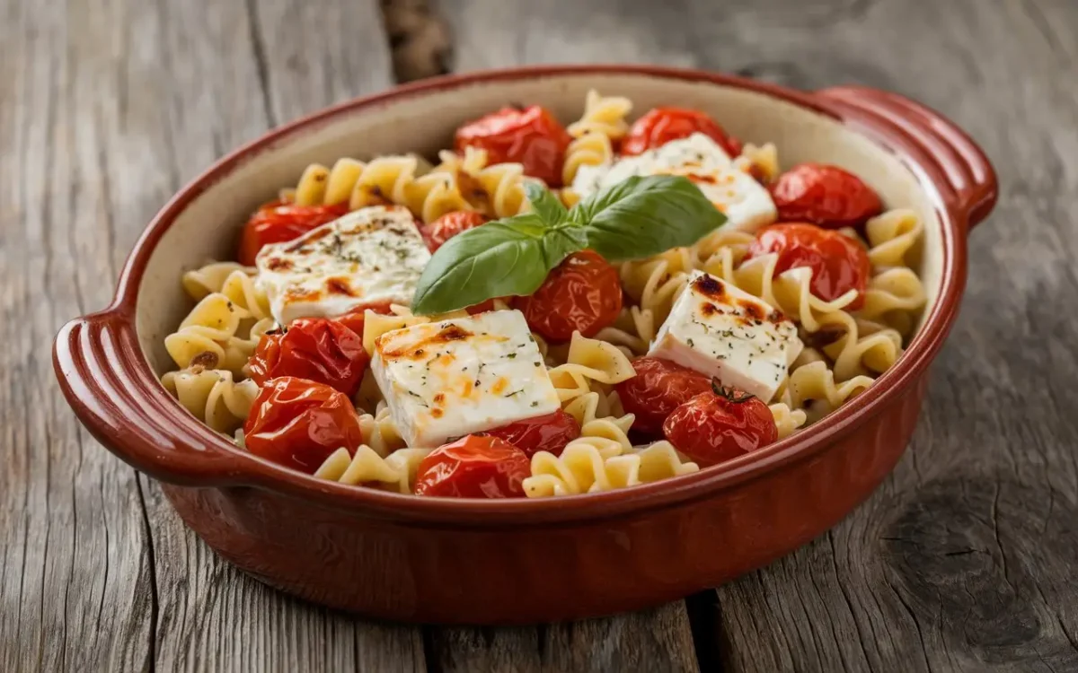 Baked feta pasta fresh from the oven with tomatoes