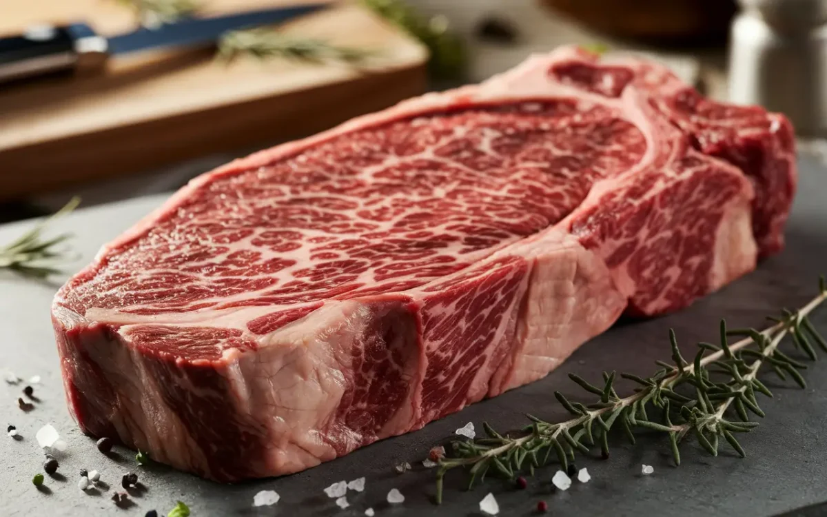 Raw prime NY strip steak with rich marbling