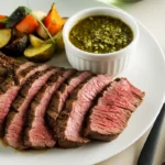 Plated smoked flank steak with vegetables