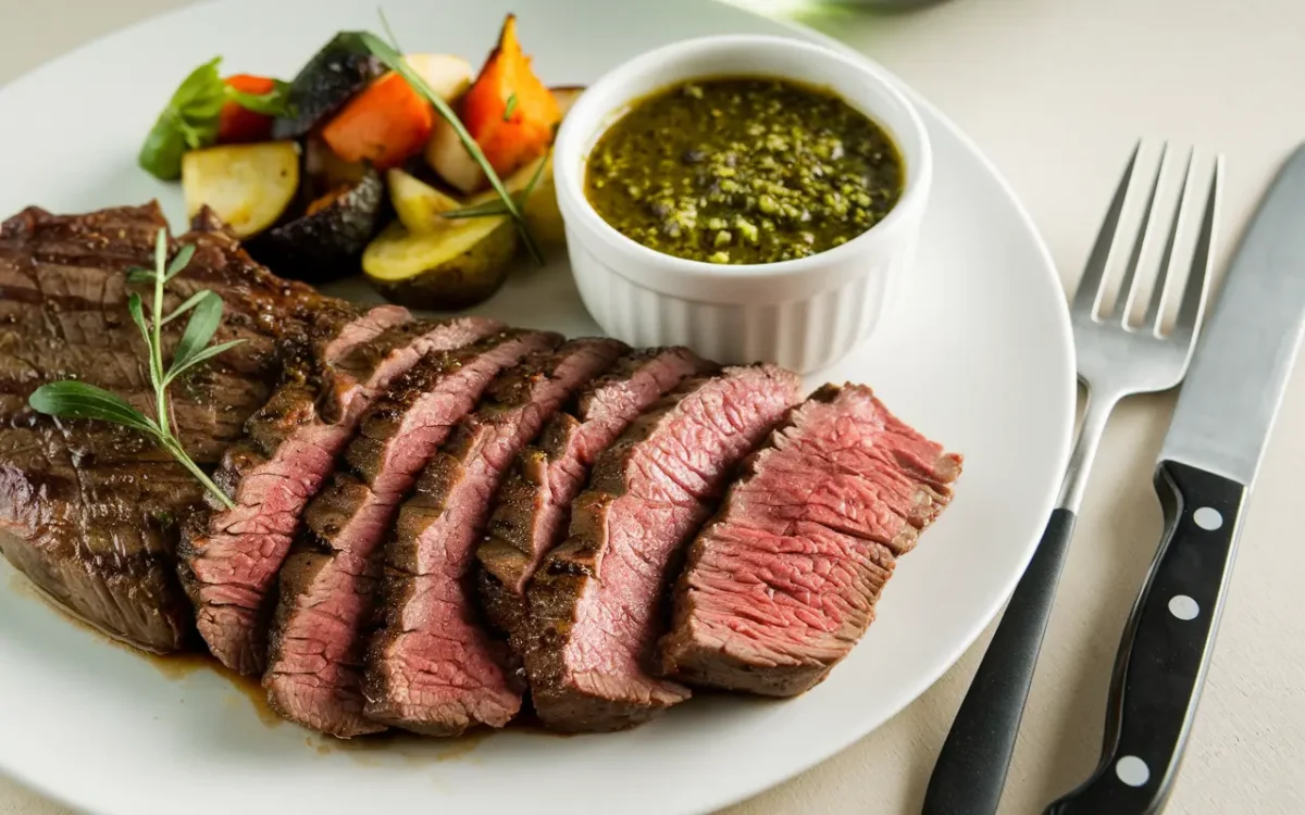 Plated smoked flank steak with vegetables