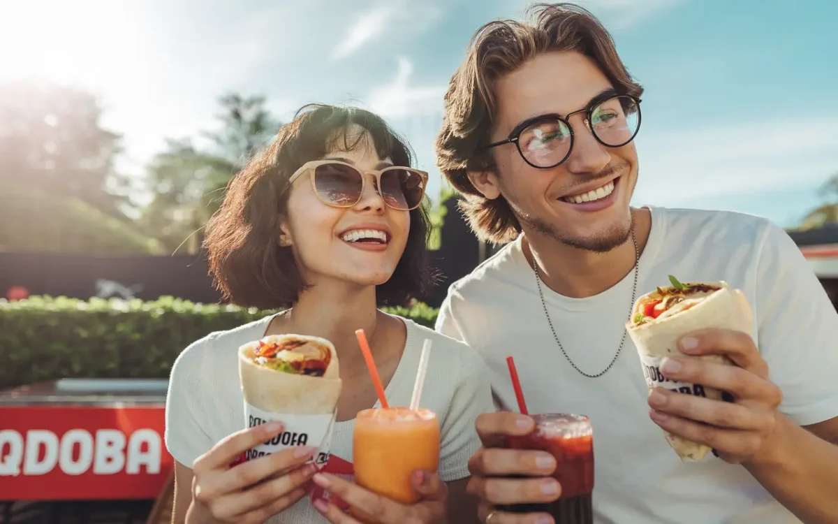 Couple enjoying Qdoba breakfast outdoors