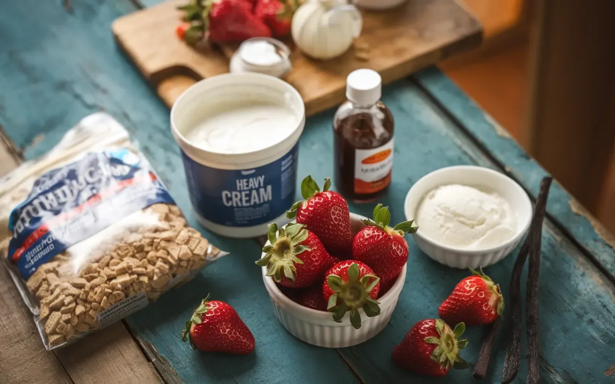 Ingredients for strawberry shortcake ice cream
