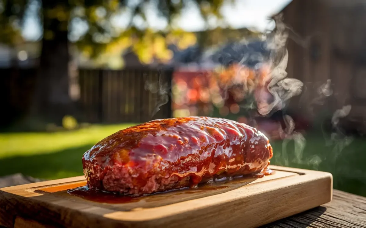 Smoked meatloaf with BBQ glaze on cutting board