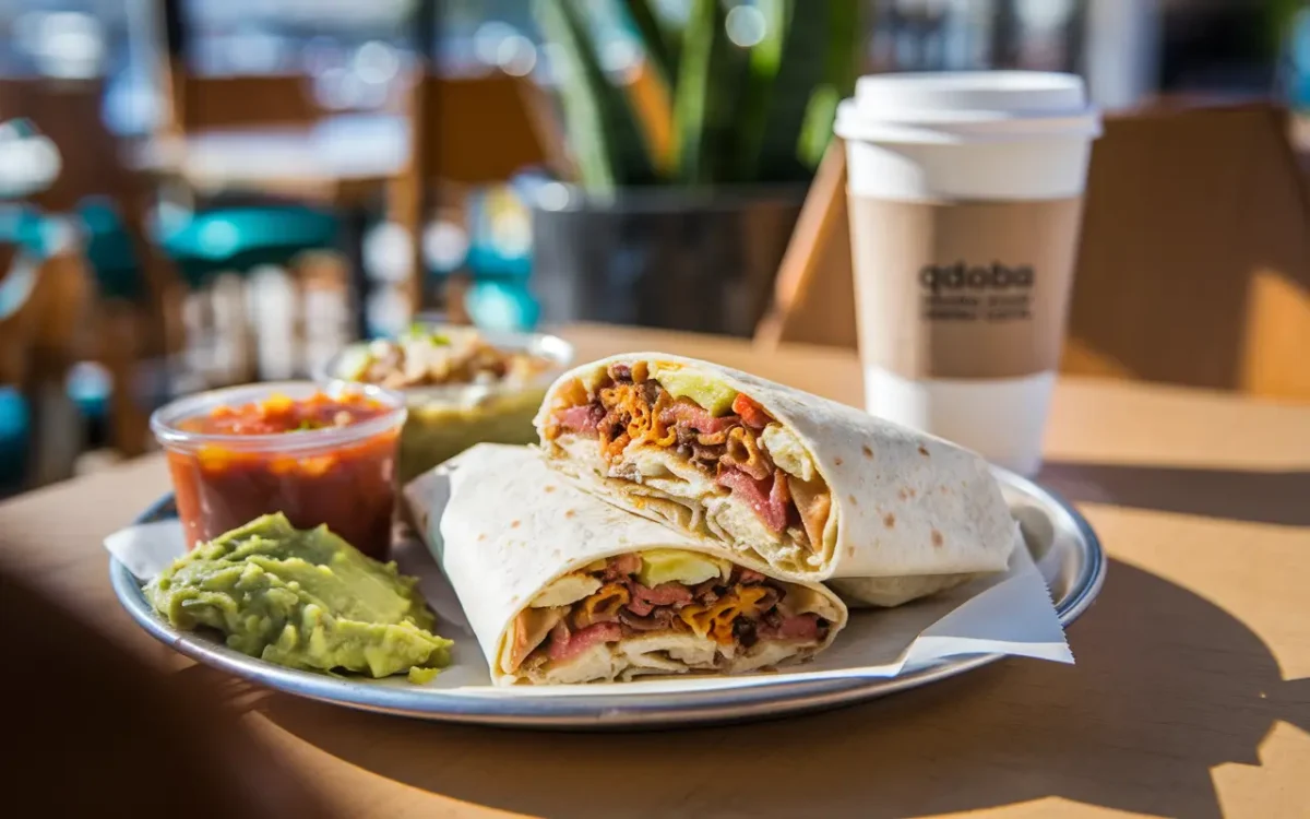 Qdoba breakfast burrito with guacamole and coffee